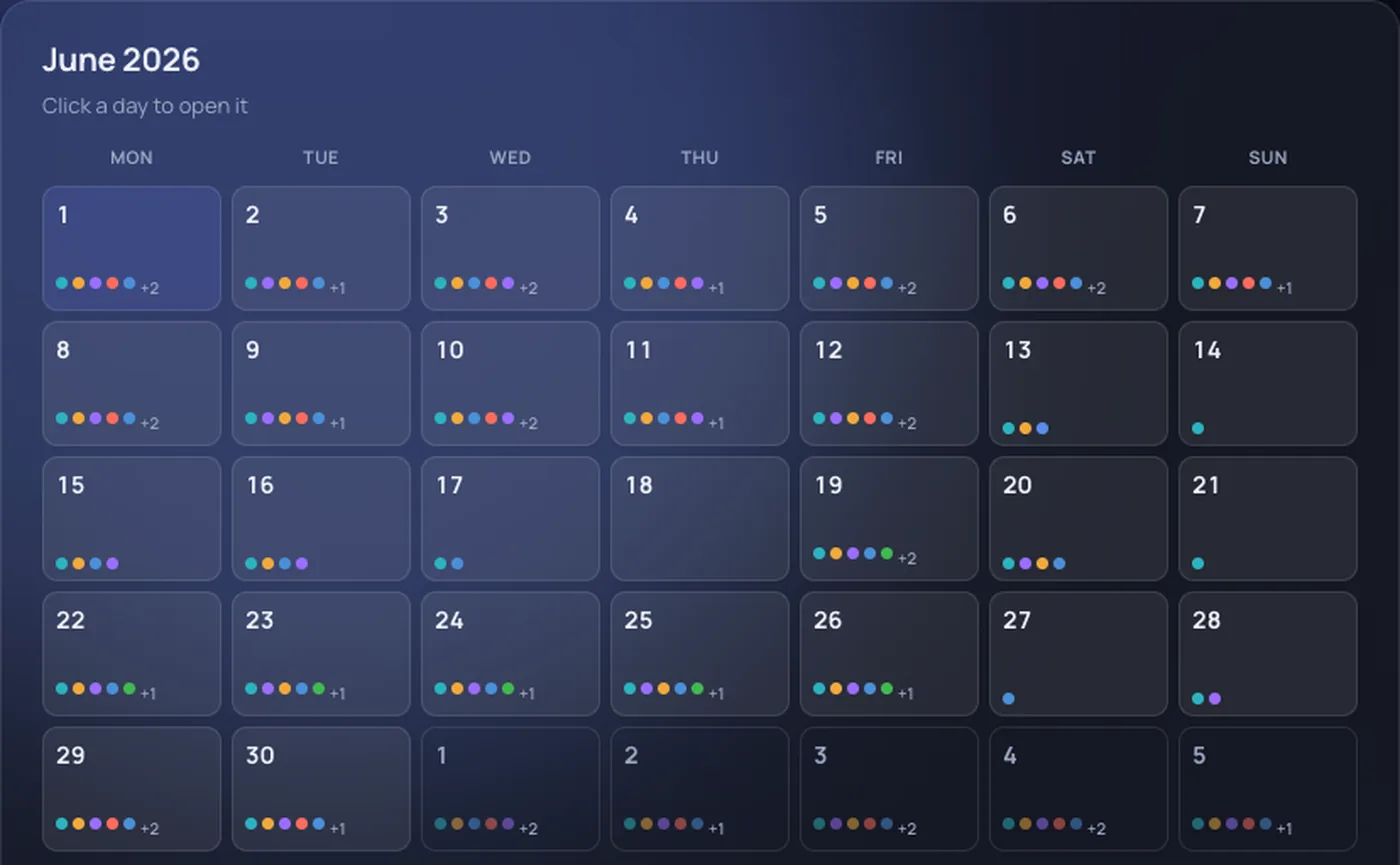 Summer Calendar month view: a June grid where each day shows coloured dots for planned focus areas